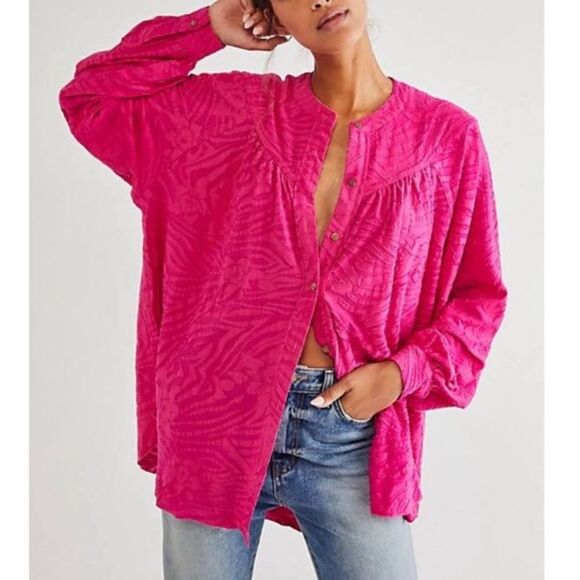 Free People Bright Pink Can't Stop Dreaming Tunic button up blouse oversized S - Picture 2 of 14